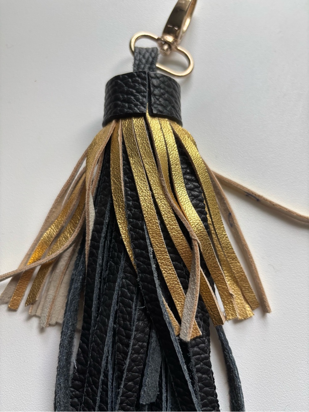 Black & Gold Leather Tassel Keyring with Gold Hardware - Picture 4 of 9